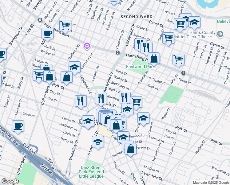 map of restaurants, bars, coffee shops, grocery stores, and more near 4630 Park Drive in Houston