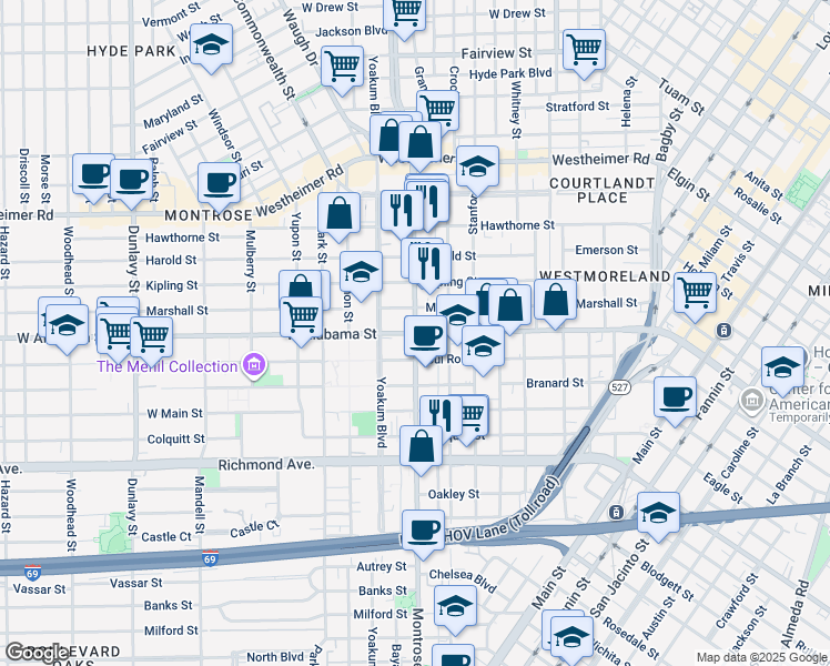 map of restaurants, bars, coffee shops, grocery stores, and more near W Alabama St & Montrose Blvd in Houston