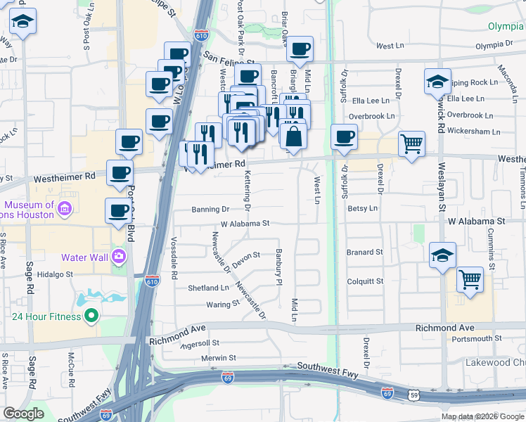 map of restaurants, bars, coffee shops, grocery stores, and more near 4527 Banning Drive in Houston
