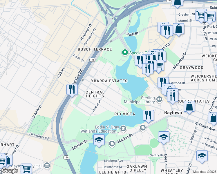 map of restaurants, bars, coffee shops, grocery stores, and more near 0 Laredo Street in Baytown