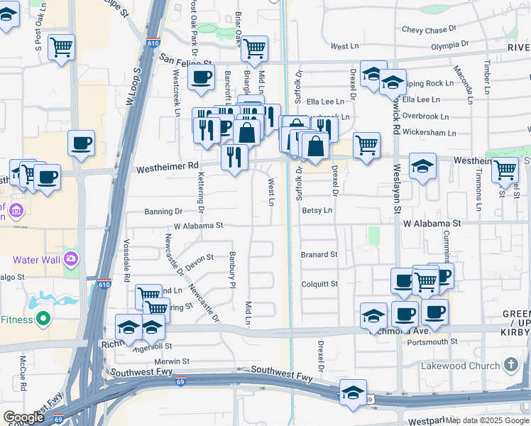 map of restaurants, bars, coffee shops, grocery stores, and more near 2902 West Lane in Houston