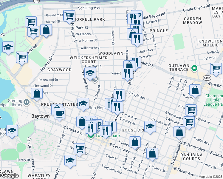 map of restaurants, bars, coffee shops, grocery stores, and more near 906 North Ashbel Street in Baytown