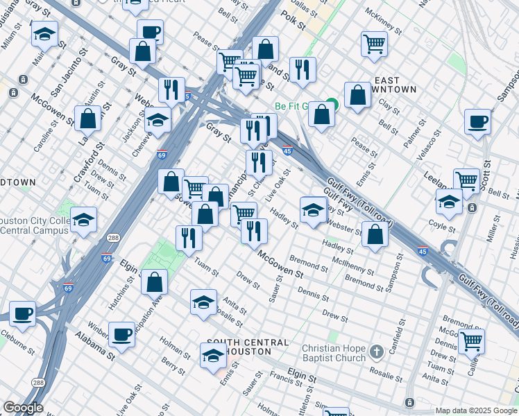 map of restaurants, bars, coffee shops, grocery stores, and more near 2514 Hadley Street in Houston