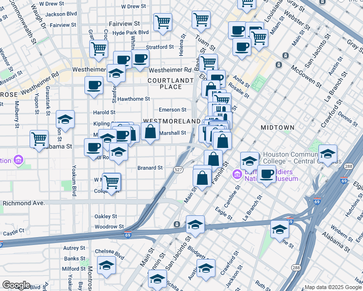 map of restaurants, bars, coffee shops, grocery stores, and more near 230 West Alabama Street in Houston