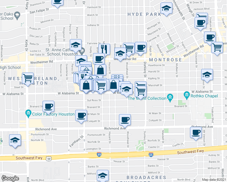 map of restaurants, bars, coffee shops, grocery stores, and more near 1830 West Alabama Street in Houston