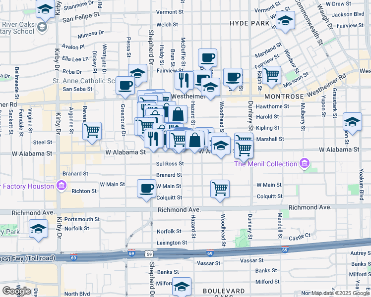 map of restaurants, bars, coffee shops, grocery stores, and more near 1910 West Alabama Street in Houston