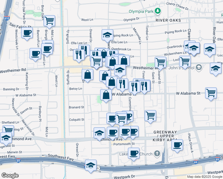 map of restaurants, bars, coffee shops, grocery stores, and more near 2900 Weslayan Street in Houston