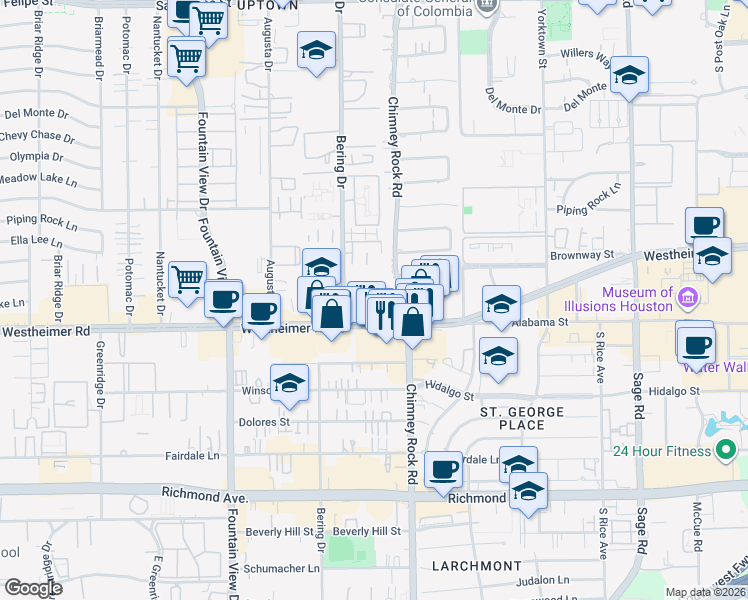 map of restaurants, bars, coffee shops, grocery stores, and more near 5704 Westheimer Road in Houston