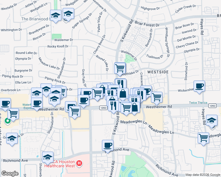 map of restaurants, bars, coffee shops, grocery stores, and more near 2410 South Kirkwood Road in Houston