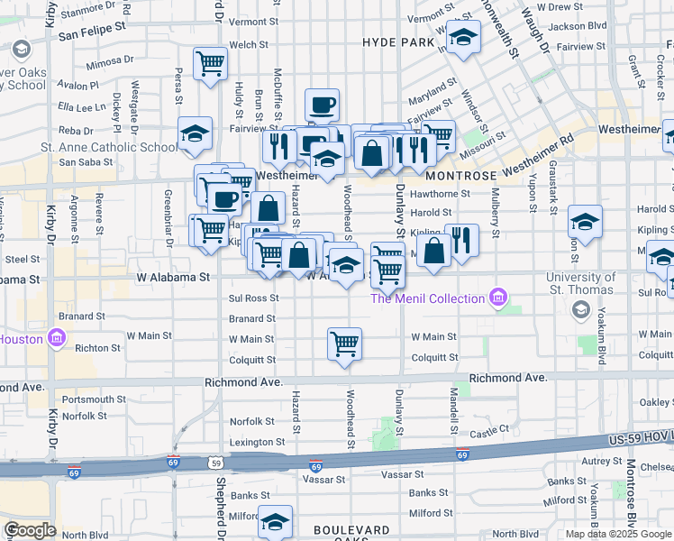 map of restaurants, bars, coffee shops, grocery stores, and more near 1810 West Alabama Street in Houston