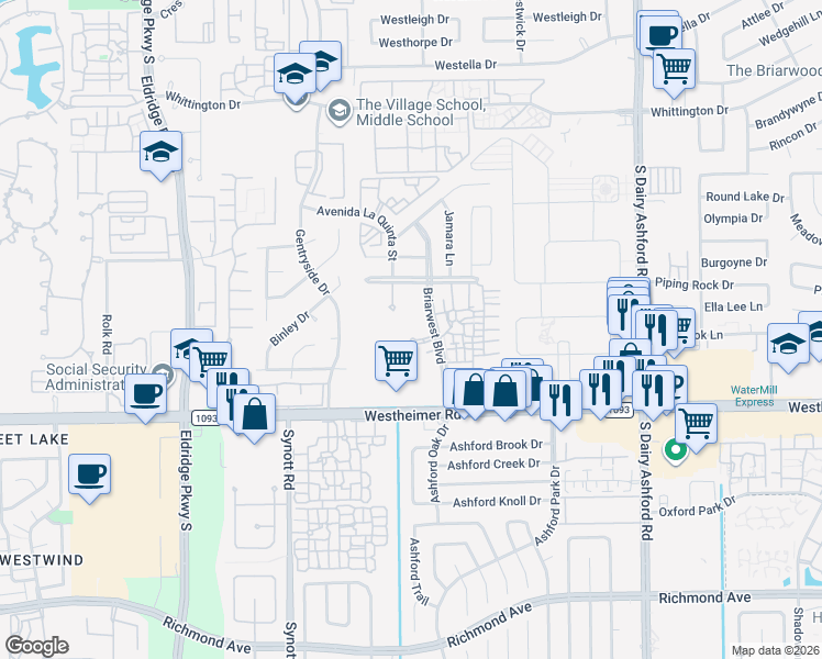 map of restaurants, bars, coffee shops, grocery stores, and more near 2400 Briarwest Boulevard in Houston