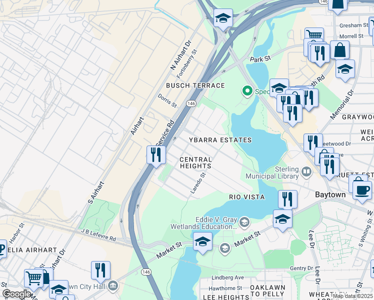 map of restaurants, bars, coffee shops, grocery stores, and more near 2003 Ontario Avenue in Baytown