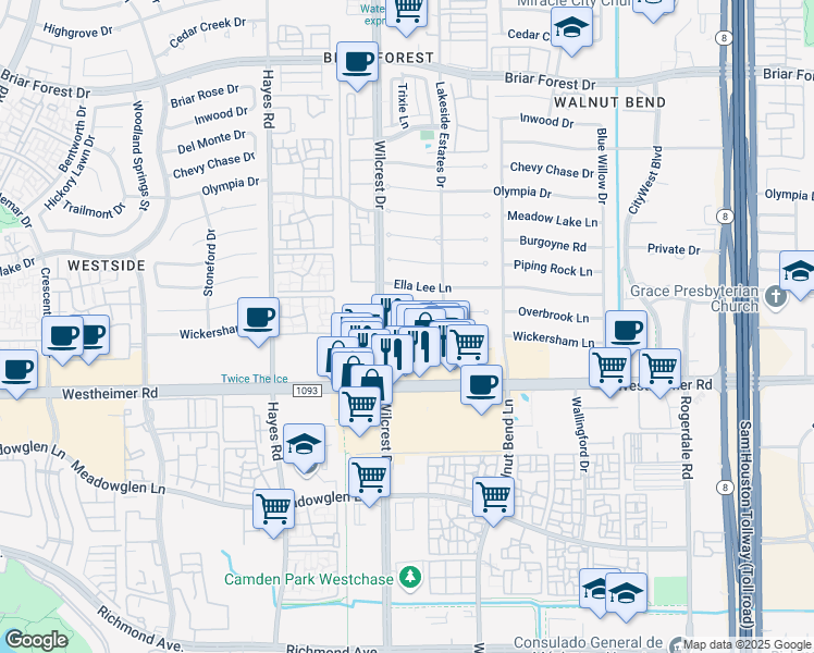map of restaurants, bars, coffee shops, grocery stores, and more near 11006 Wickersham Lane in Houston
