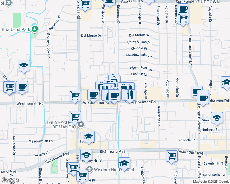 map of restaurants, bars, coffee shops, grocery stores, and more near 2641 Winrock Boulevard in Houston