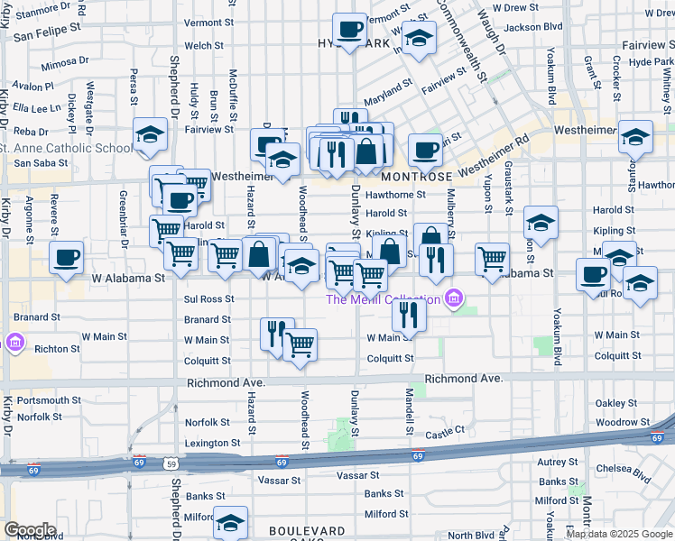 map of restaurants, bars, coffee shops, grocery stores, and more near 1722 West Alabama Street in Houston