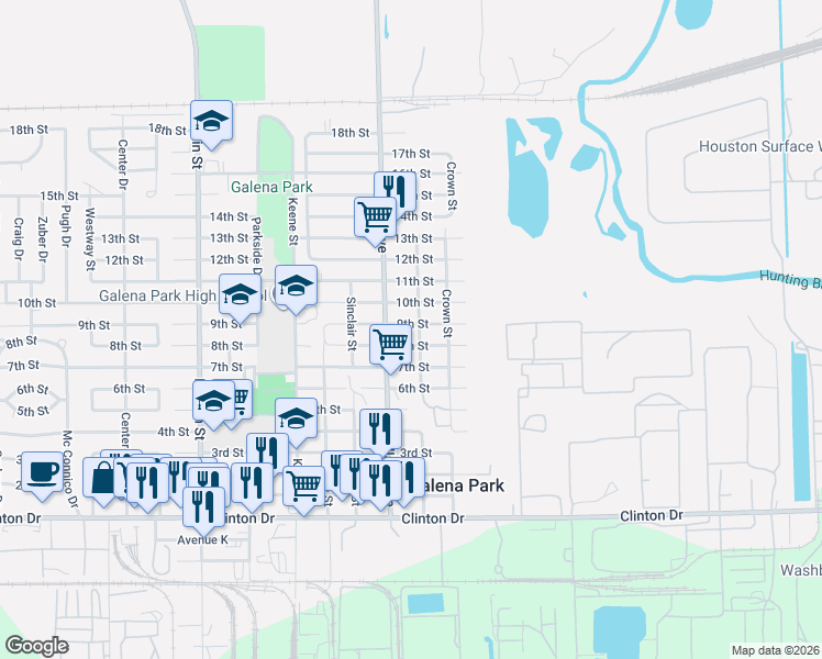 map of restaurants, bars, coffee shops, grocery stores, and more near 1204 9th Street in Galena Park