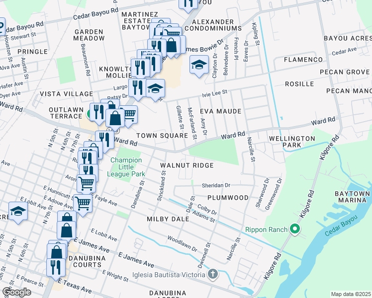 map of restaurants, bars, coffee shops, grocery stores, and more near 1599 Ward Road in Baytown