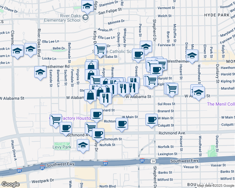 map of restaurants, bars, coffee shops, grocery stores, and more near 2403 Steel Street in Houston