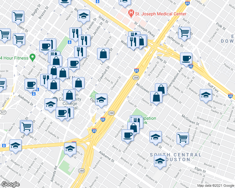 map of restaurants, bars, coffee shops, grocery stores, and more near Hamilton St & Tuam St in Houston