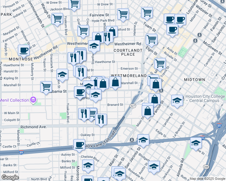 map of restaurants, bars, coffee shops, grocery stores, and more near 560 West Alabama Street in Houston
