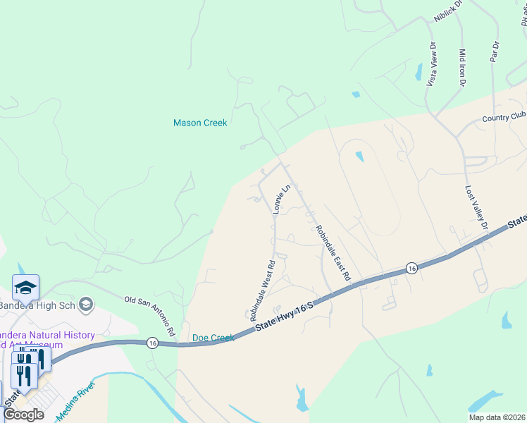map of restaurants, bars, coffee shops, grocery stores, and more near 595 Robindale West Road in Bandera