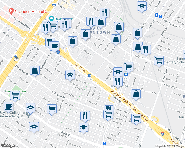 map of restaurants, bars, coffee shops, grocery stores, and more near 3131 Gulf Freeway in Houston