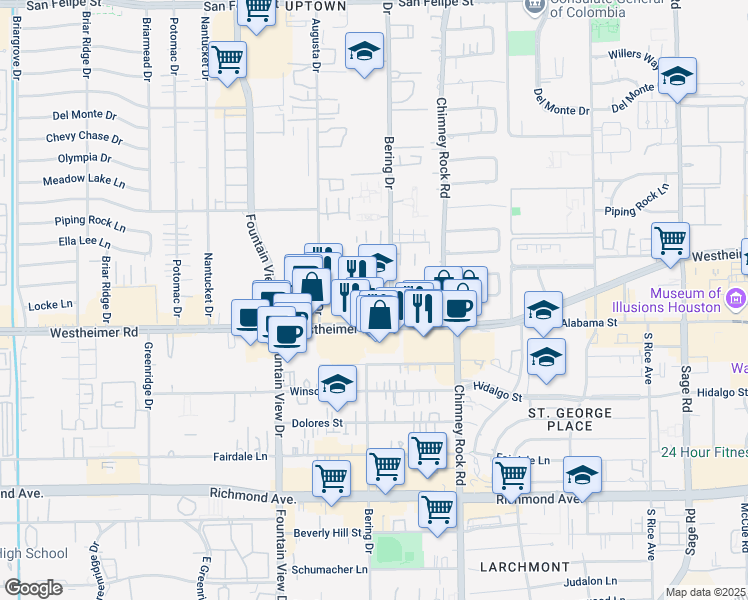 map of restaurants, bars, coffee shops, grocery stores, and more near 5800 Westheimer Road in Houston