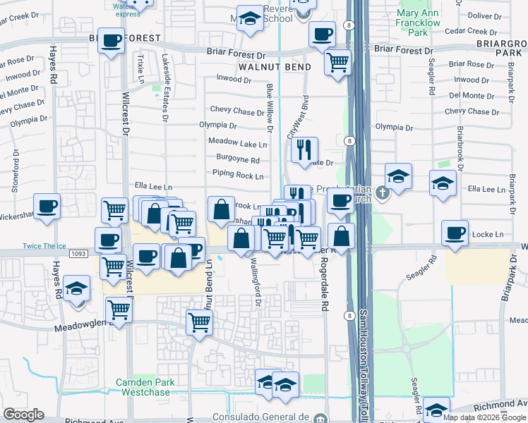map of restaurants, bars, coffee shops, grocery stores, and more near 10607 Overbrook Lane in Houston