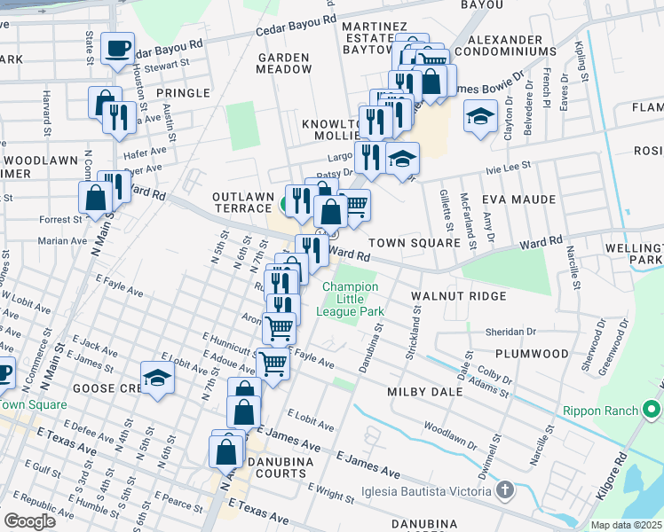 map of restaurants, bars, coffee shops, grocery stores, and more near 1511 North 10th Street in Baytown