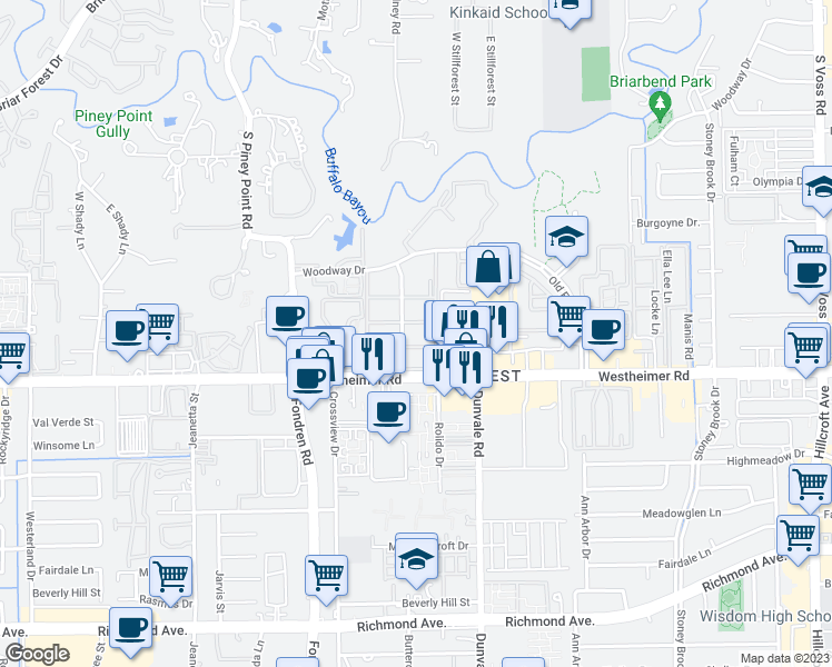 map of restaurants, bars, coffee shops, grocery stores, and more near 2501 Lazy Hollow Drive in Houston
