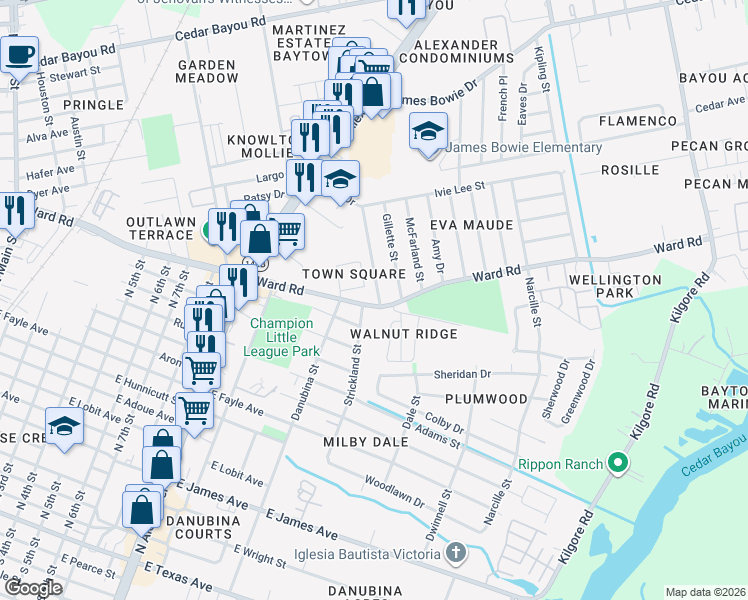 map of restaurants, bars, coffee shops, grocery stores, and more near 1600 Richardson Lane in Baytown
