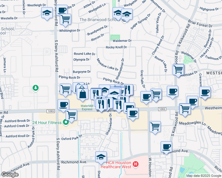 map of restaurants, bars, coffee shops, grocery stores, and more near 12203 Ella Lee Drive in Houston