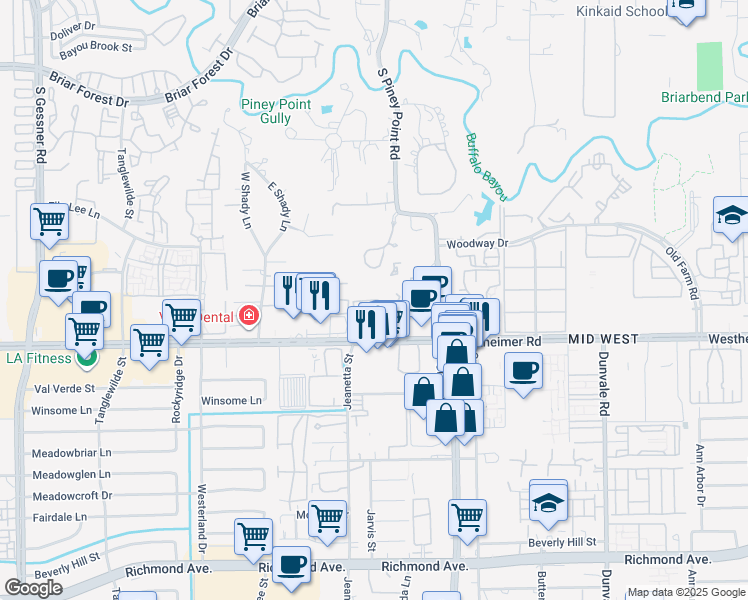 map of restaurants, bars, coffee shops, grocery stores, and more near 9100 Westheimer Road in Houston