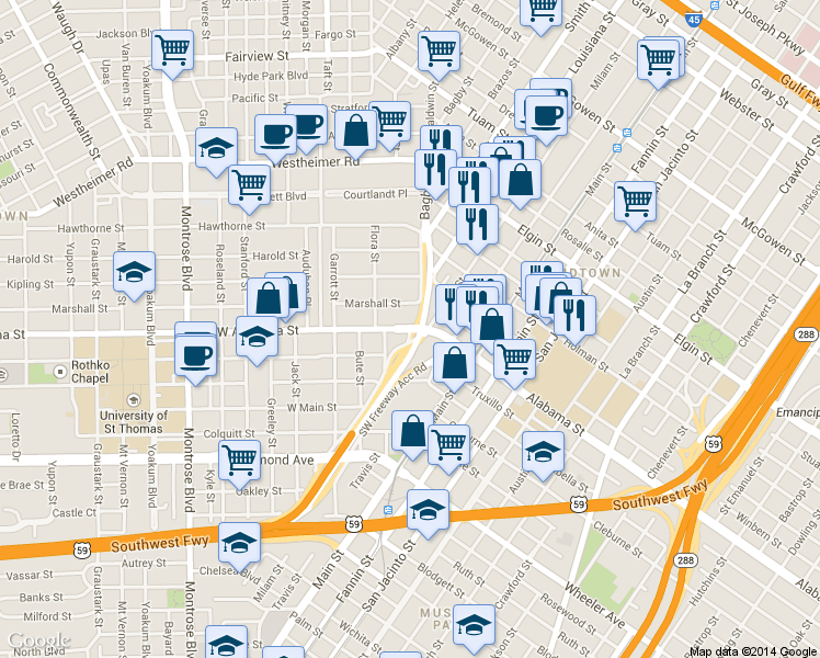 map of restaurants, bars, coffee shops, grocery stores, and more near 3801 Milam Street in Houston