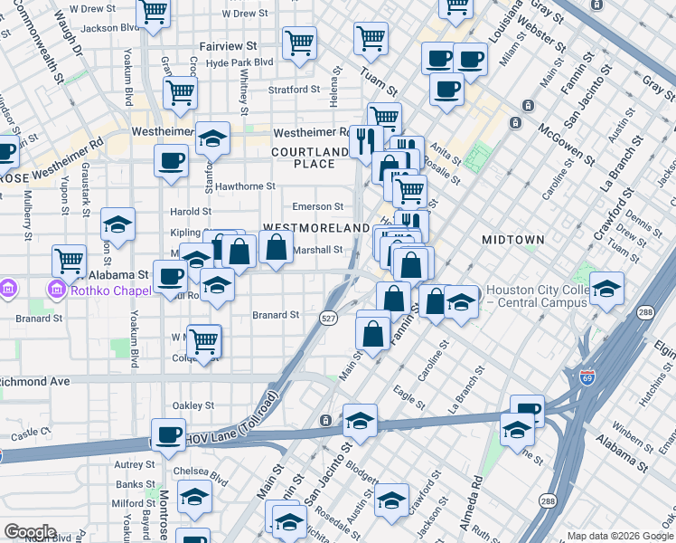map of restaurants, bars, coffee shops, grocery stores, and more near 230 West Alabama Street in Houston