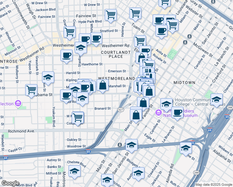 map of restaurants, bars, coffee shops, grocery stores, and more near West Alabama Street & Flora Street in Houston