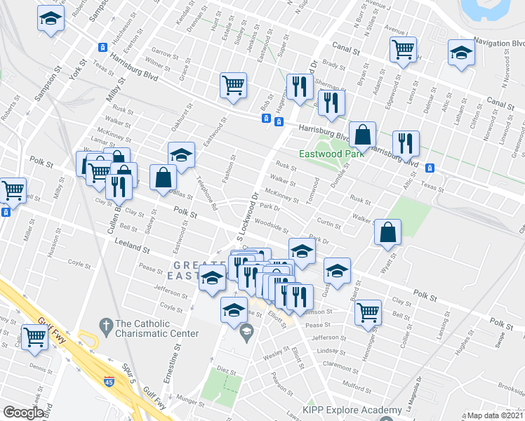map of restaurants, bars, coffee shops, grocery stores, and more near 4602 Park Drive in Houston