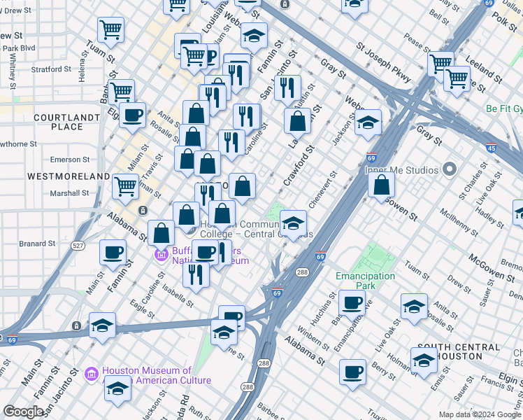 map of restaurants, bars, coffee shops, grocery stores, and more near 1514 Rosalie Street in Houston