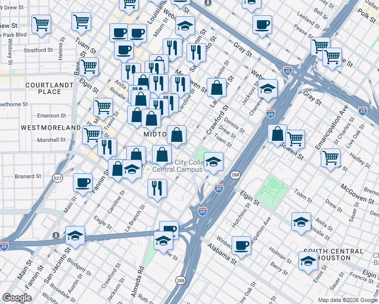 map of restaurants, bars, coffee shops, grocery stores, and more near 1514 Rosalie Street in Houston