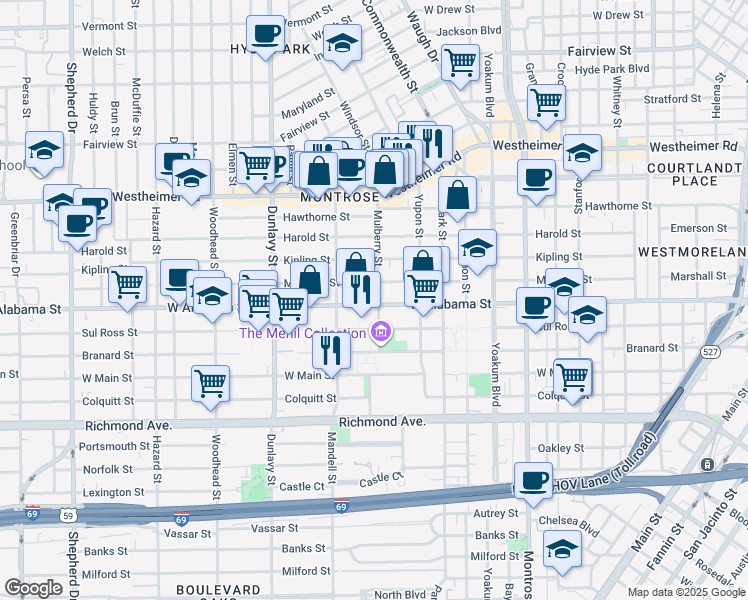 map of restaurants, bars, coffee shops, grocery stores, and more near 1432 West Alabama Street in Houston