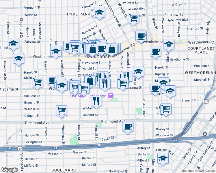 map of restaurants, bars, coffee shops, grocery stores, and more near 1516 West Alabama Street in Houston