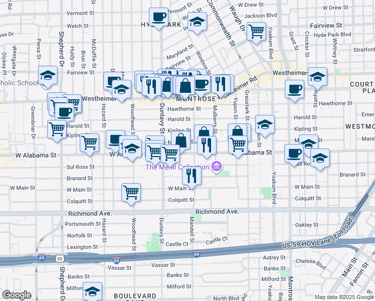 map of restaurants, bars, coffee shops, grocery stores, and more near 1612 West Alabama Street in Houston