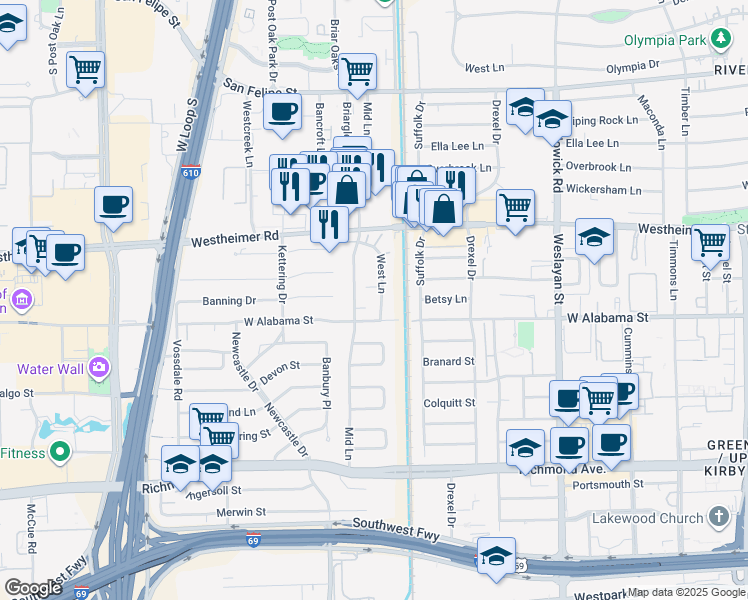 map of restaurants, bars, coffee shops, grocery stores, and more near 2902 West Lane in Houston
