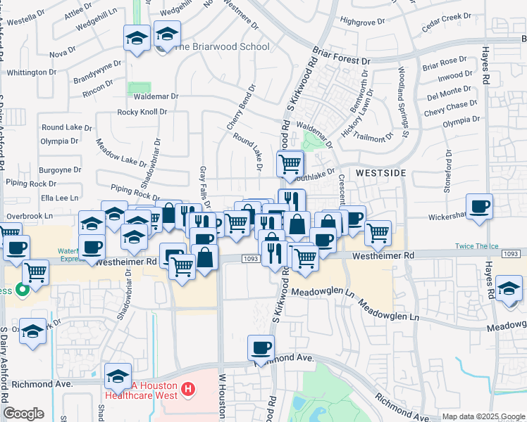 map of restaurants, bars, coffee shops, grocery stores, and more near 2410 South Kirkwood Road in Houston