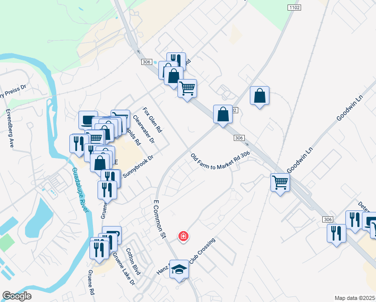 map of restaurants, bars, coffee shops, grocery stores, and more near 2610 Common Street in New Braunfels