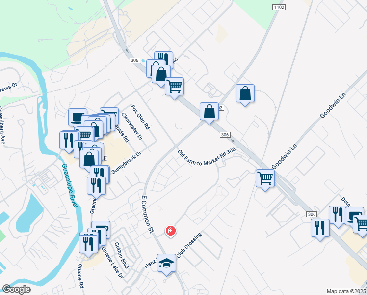 map of restaurants, bars, coffee shops, grocery stores, and more near 2610 Common St in New Braunfels