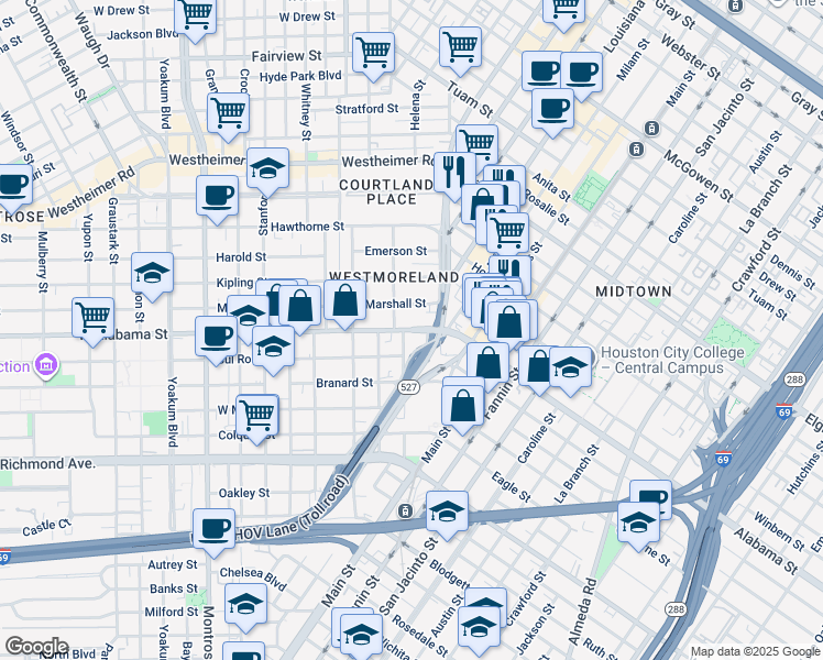 map of restaurants, bars, coffee shops, grocery stores, and more near 230 West Alabama Street in Houston