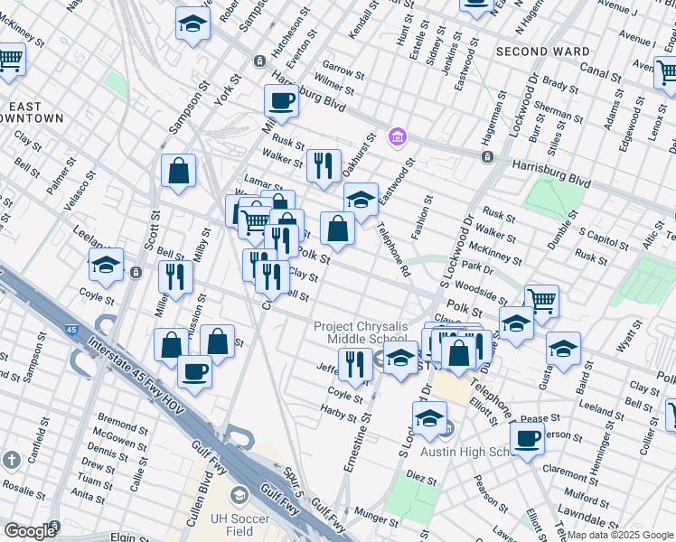 map of restaurants, bars, coffee shops, grocery stores, and more near 4310 Polk Street in Houston