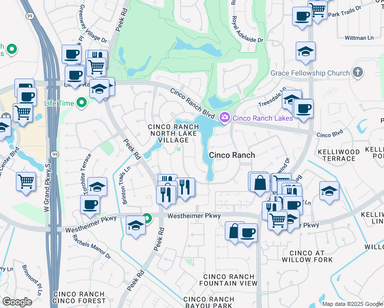 map of restaurants, bars, coffee shops, grocery stores, and more near 3302 Winding Lake Way in Katy