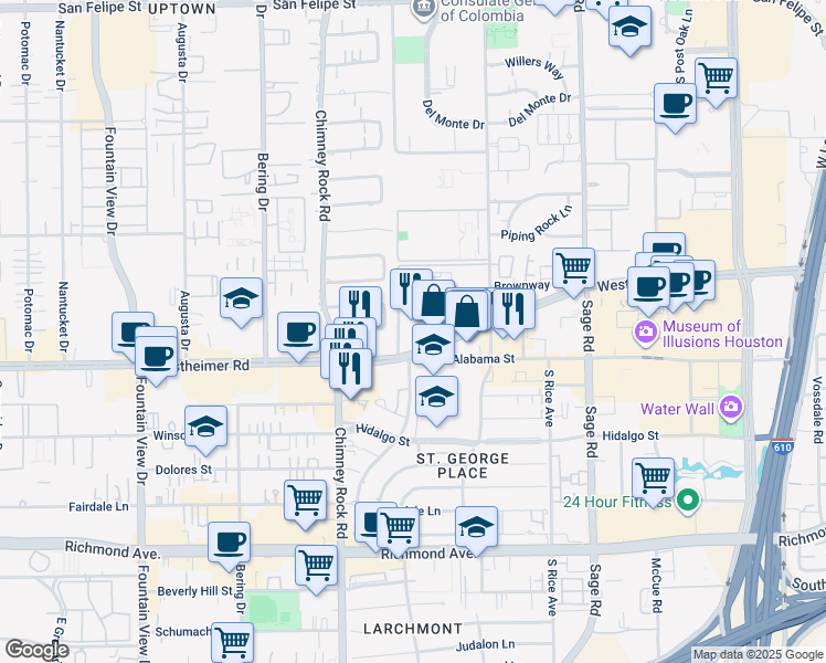 map of restaurants, bars, coffee shops, grocery stores, and more near 5444 Westheimer Court in Houston
